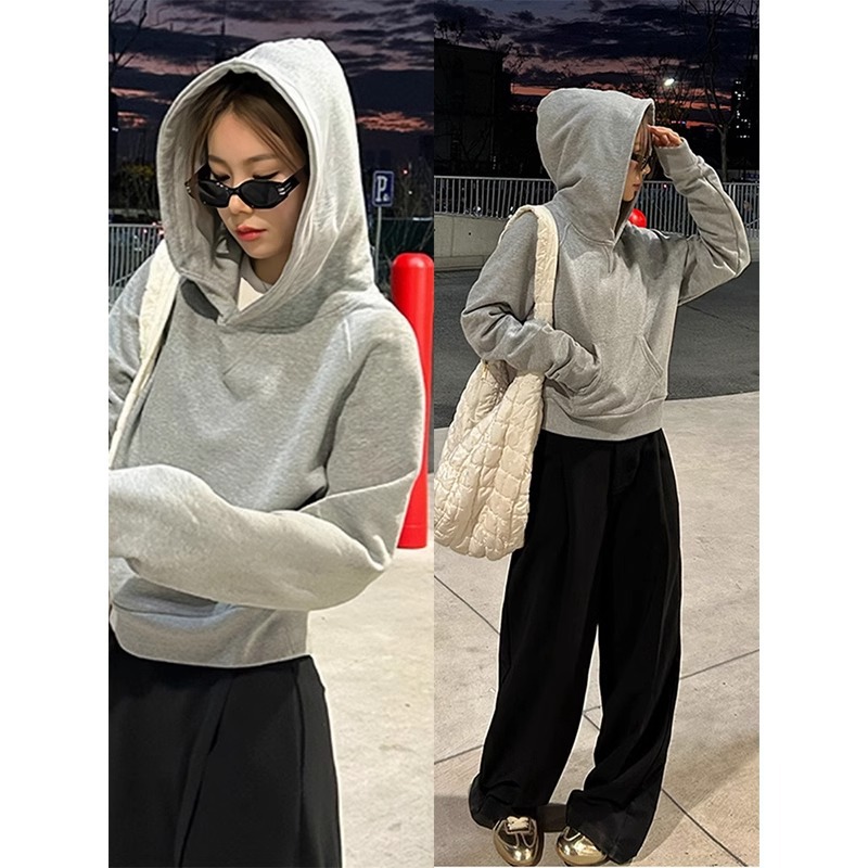 Women's Autumn Hooded Sweatshirt, High-End Style, Petite Size, Jimo Gray Top, 2026 New Jimo Sweatshirt