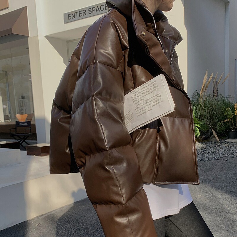 Spot Brown Pu Leather down Jacket for Women 2023 New Winter Women's Stand Collar Short Jacket