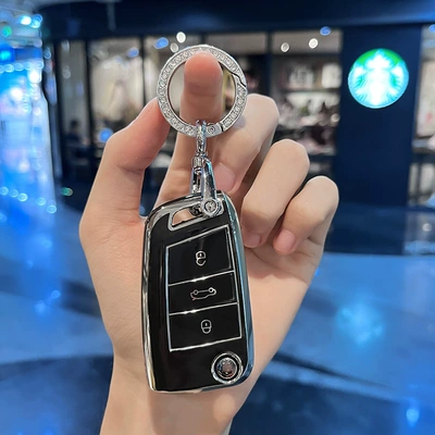 high-end women, Car key bag - volkswagen-i-folding-3-key-black-single-shell-diamond-ring