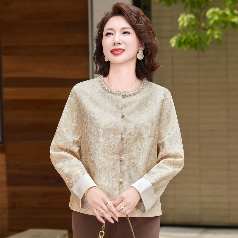 妈妈春秋装小香风外套气质高端钉珠中老年女装轻国风夹克开衫衣|undefined