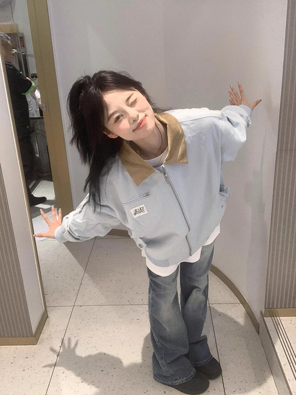 美式复古外套女春秋2025新款潮牌撞色翻领宽松情侣夹克棒球服开衫|undefined