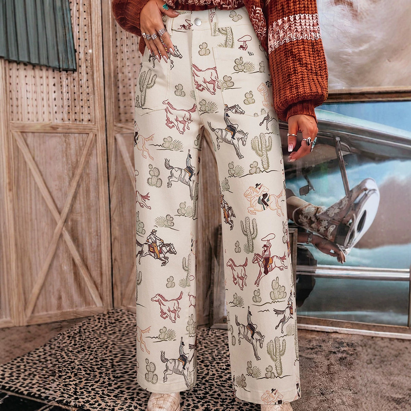 Independent website bestseller: New autumn high-waisted straight-leg pants for women, European and American trendy style, western print jeans for women Independent website bestseller: New autumn high-waisted straight-leg pants for women, European and American trendy style, western print jeans for women