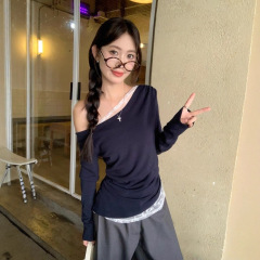 【自家工厂现货】斜肩蕾丝拼接长袖T恤女露肩修身显瘦内搭上衣潮