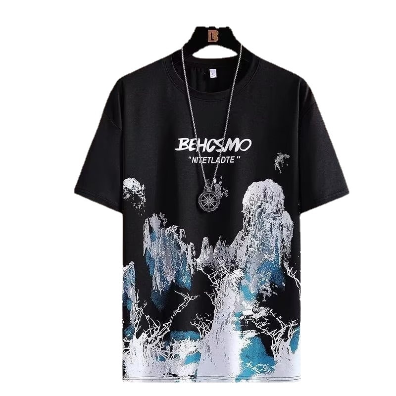 Camiseta de manga corta para hombres, ropa de manga corta, Top con marca de agua de moda de estilo chino, pintura de tinta, pintura de paisaje, verano Nuevo