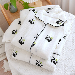 Pure Cotton Four-Layer Gauze Couple Pajamas Women's Set Spring and Autumn Panda All-Cotton Sweat-Absorbent Breathable Loungewear Couple Style