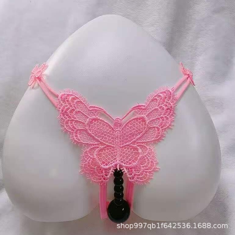 Customizable】Sexy Pearl Panties for Women, Transparent Low-Waist Thong, Delicate Butterfly Solid Color Embroidery, Elastic Thin Straps