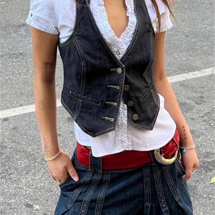 2025 Layered Denim Vest Women's Summer Outerwear New Retro V Neck Sexy Hot Girl Short Sleeveless Top