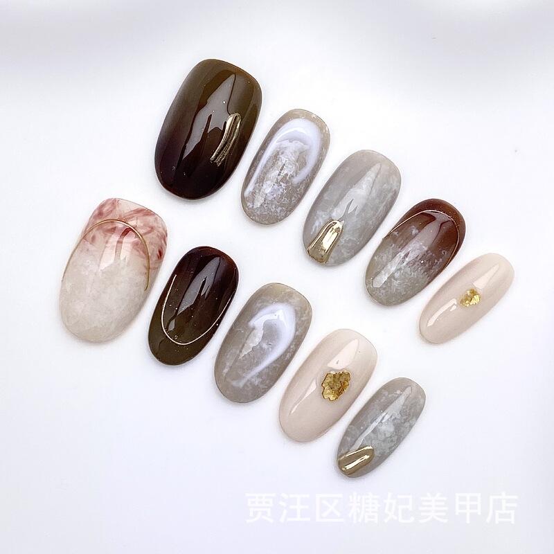 Tangfei Manicure Purely Handmade Wearable Nails Spring, Summer, Autumn and Winter Hand-Painted Three-Dimensional Oil Painting Style Smudged Light Luxurious Short Oval
