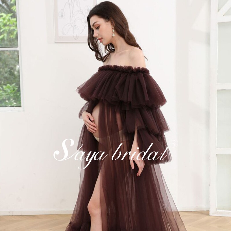[Molia] Pregnant Women's Brown Mesh dress Strap with Split in Bride's Photo Dress Shoulder