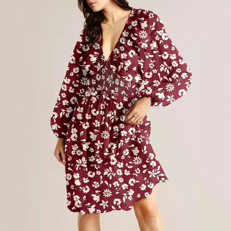 2025 Bohemian Floral V-Neck Long Sleeve Pleated Waist Casual A- Line Skirt with Swing Mini dress