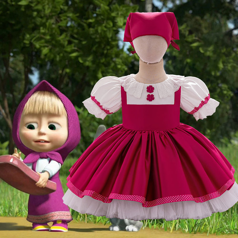 Cross-Border New Girl Princess Dress Masha and the Bear Anime Cosplay Costume Satin Fake Two-Piece Dress