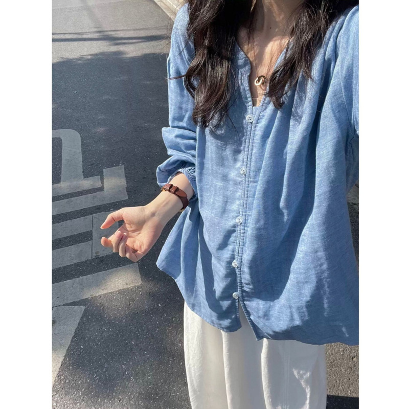 Korean-Style Simple and Versatile Sky Blue V-Neck Linen Shirt for Women, 2026 Spring/Summer New Model, with a Lazy and Relaxed Vibe