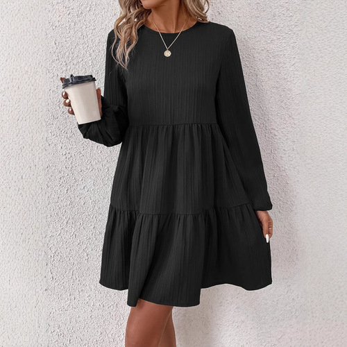Cross-border AliExpress fast-selling black solid-color crew neck long-sleeved simple pleated autumn casual short dress