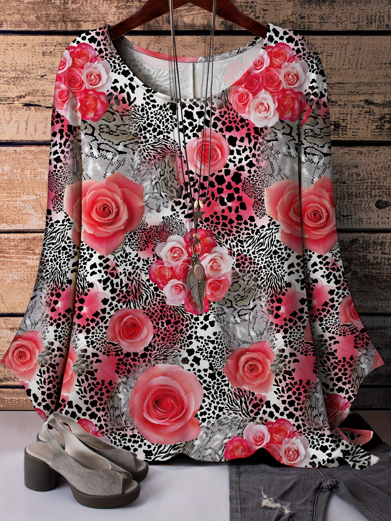 Floral & Crow Print Oversized T-Shirt – Soft Milk Silk Blend Short Sleeve Tee Unisex Oversized Cut_ecoleips.com