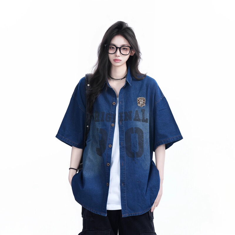 Summer New American Style vintage Washed Denim Short-sleeved Shirt Women's Trendy Brand Niche Design Sense Loose Shirt