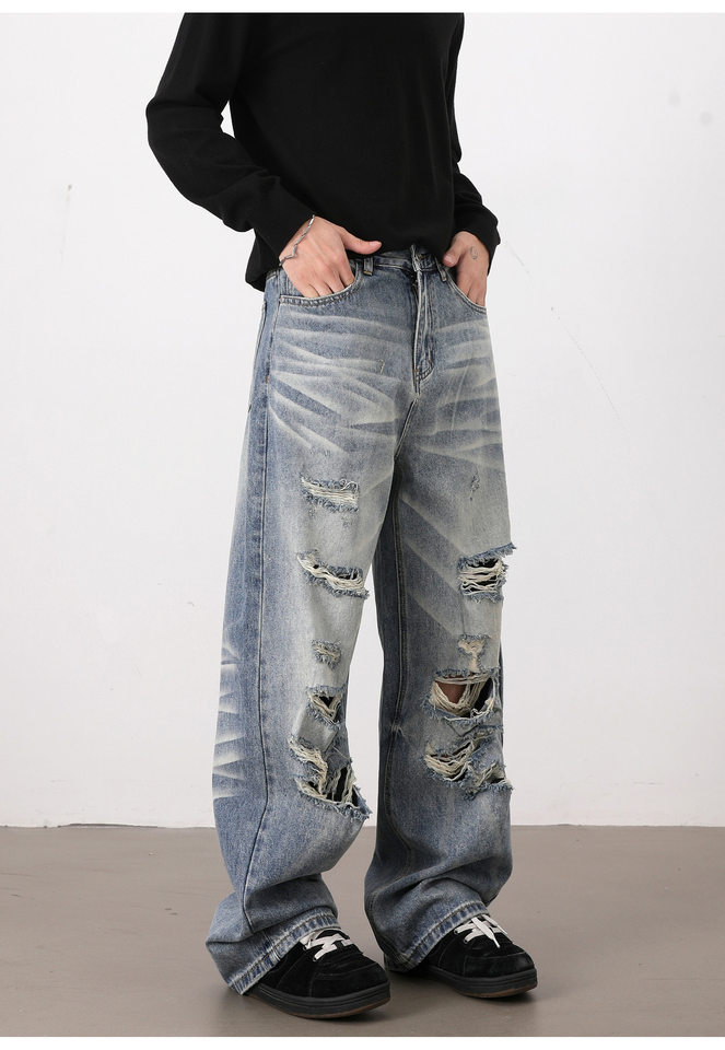 Quần jean nam rách phong cách retro Mỹ dáng rộng ống đứng, quần dài casual — Màu xanh dương chi tiết 12