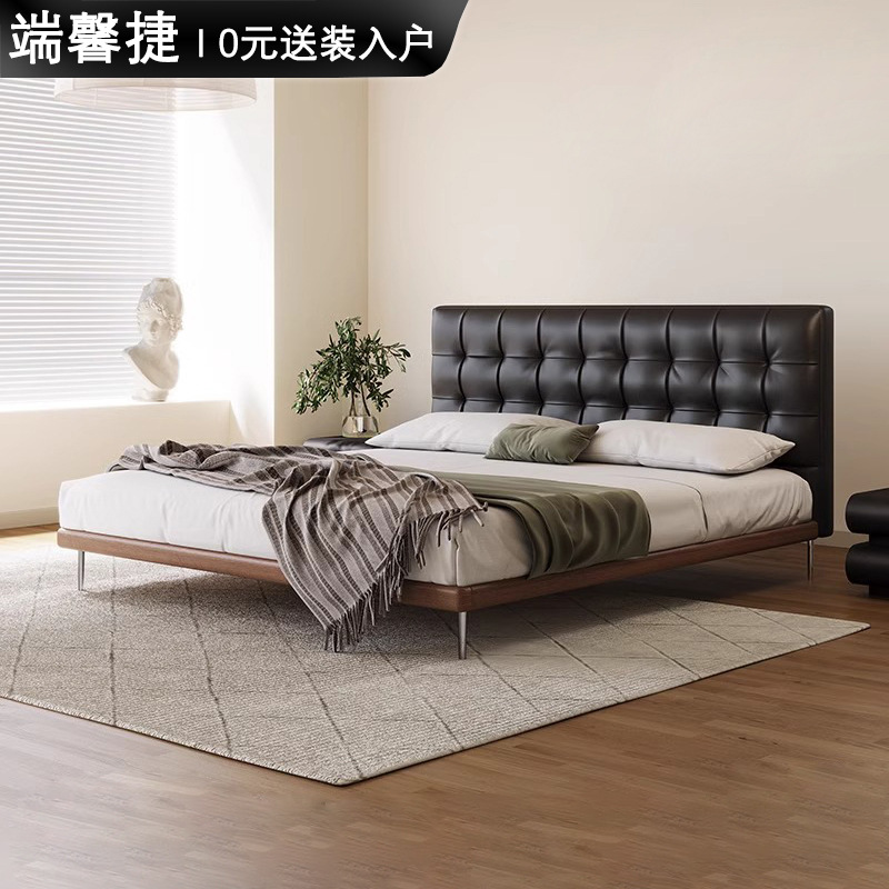 Camas de cuero minimalistas italianas, camas de waffle negras modernas y simples, camas de casado retrógradas, camas de cama de lado, camas de nube