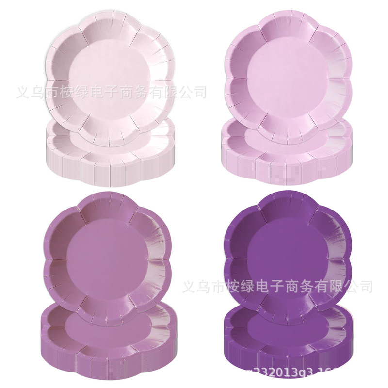 Cross-Border Best-Selling Lace-Edged Disposable Party Paper Plates Purple Series Family Gathering Birthday Party Tableware