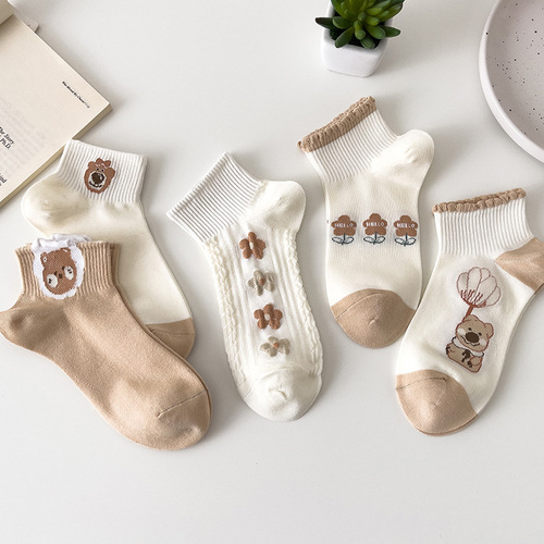 Korean Socks Lady Color-blocked Lace Cute Bear Cartoon Socks Dongdaemun New Arrival Girls Cotton Socks Casual Short Socks