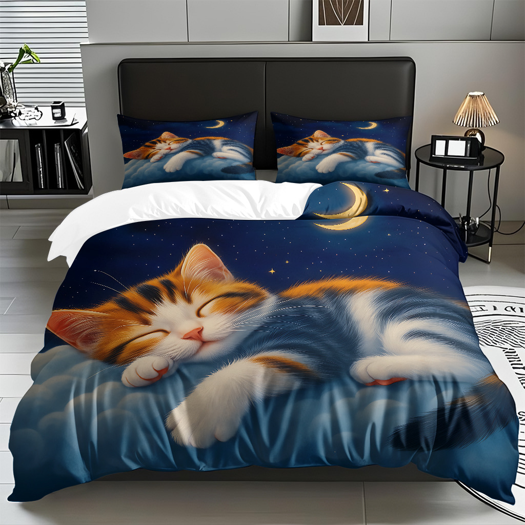 TEMU / JIT adorable gatito impresión digital suave set de colcha de edredón textil para el hogar se puede diseñar venta directa de fábrica