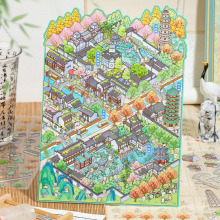 语闲pet微缩大造景贴纸 城市篇苏州 3D立体堆叠小屋儿童diy贴纸