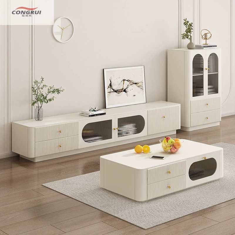 Журнальный столик в современном стиле кремового цвета для маленькой квартиры, напольный, в стиле лёгкой роскоши, с функцией хранения.