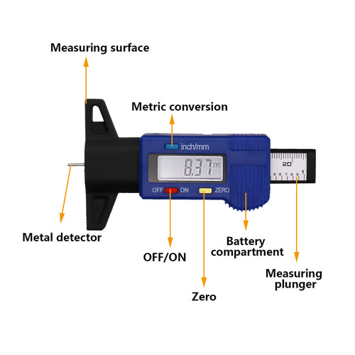 Electronic digital tire tread depth gauge 0-25mm metal probe depth vernier caliper tool tread depth meter