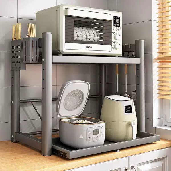 Household microwave oven rack, floor-standing, pull-out, double-layer stove storage rack, multifunctional kitchen storage rack