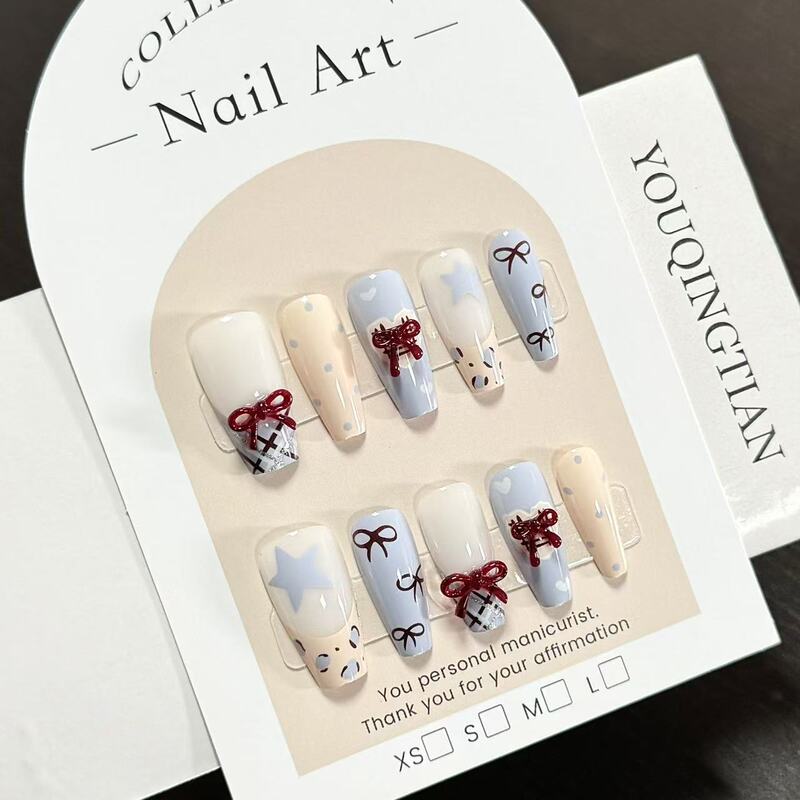 Cute Korean-Style Baby Blue Butterfly Bow Nail Tips, French-Style Nail Pieces, Cross-Border Wholesale, New Year, Brightening Effect