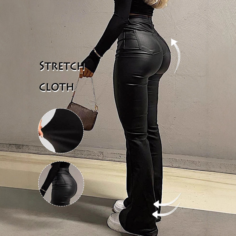 Tk163 High-Waisted Solid Color Hip-Lifting Versatile Coated Leather Pants Autumn and Winter New Style Slightly Stretchy Flared Pu Long Pants Women's Clothing