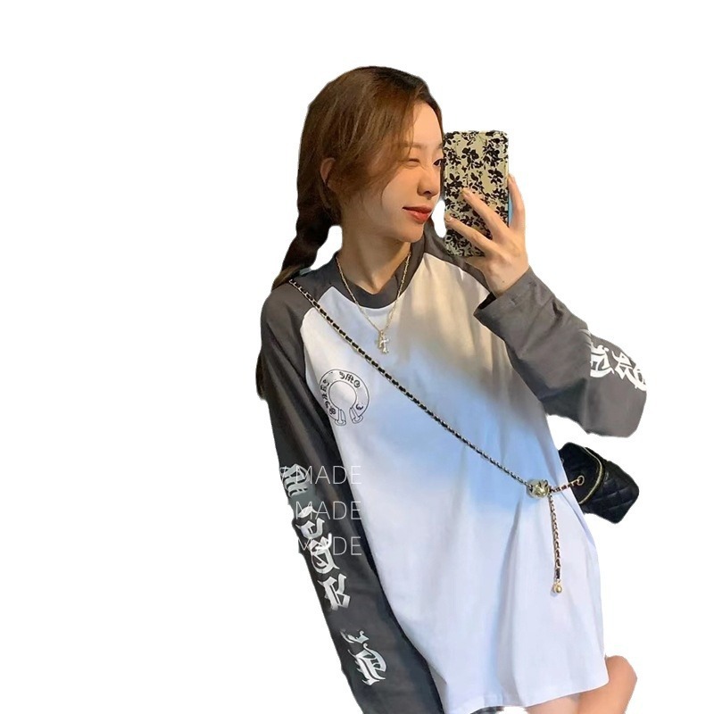 正确版23ss潮牌男女款纯棉大马蹄拼色插肩长袖T恤 系列现货批发|undefined