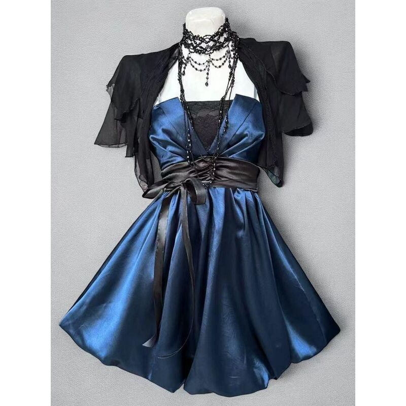In Stock: Night Lanyu Vintage Design Satin Dress with Black Veil Shawl Fashion Dark Style Two-Piece Set In Stock: Night Lanyu Vintage Design Satin Dress with Black Veil Shawl Fashion Dark Style Two-Piece Set