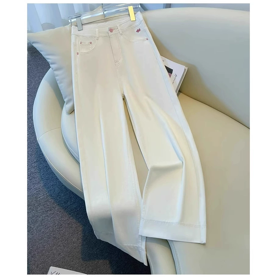 Белые джинсовые широкие брюки для женщин, летний тонкий стиль 2025, дизайнерские утягивающие узкие прямые брюки с вышивкой больших размеров.