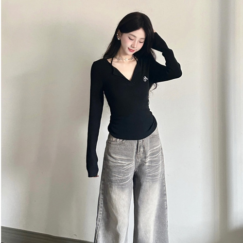 Black Sweet Pepper V-Neck Sunscreen Long-Sleeve T-Shirt for Women Autumn/Winter Innerwear Fitted Small Figure Waist-Trimming Short-Sleeve Base Top