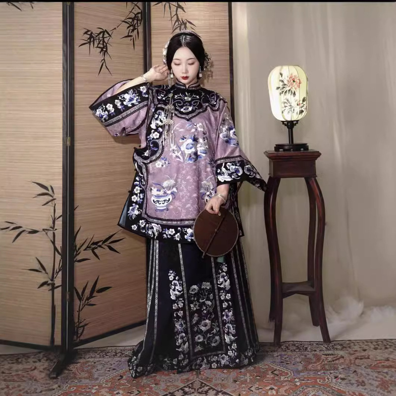 Ruolan Blue and White Porcelain Series Qing Dynasty Women's Clothing Qing Han Women's Suit Plaid Clothing Ancient Style Han Dynasty Printed Horse Face Skirt Suit