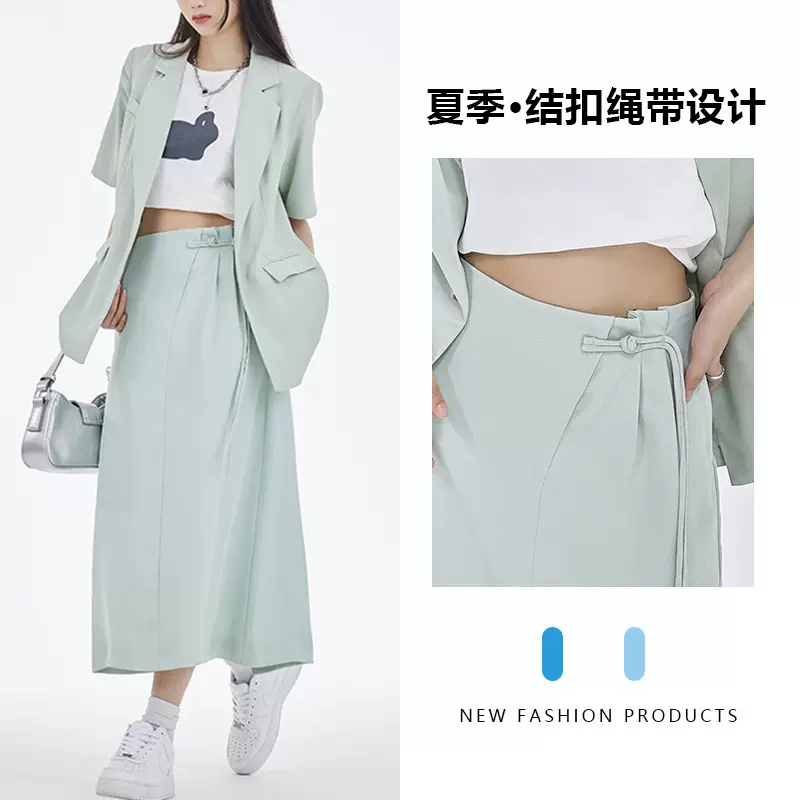 休闲小西装套装女2025夏季新款简约百搭时尚短袖外套中长裙子套装