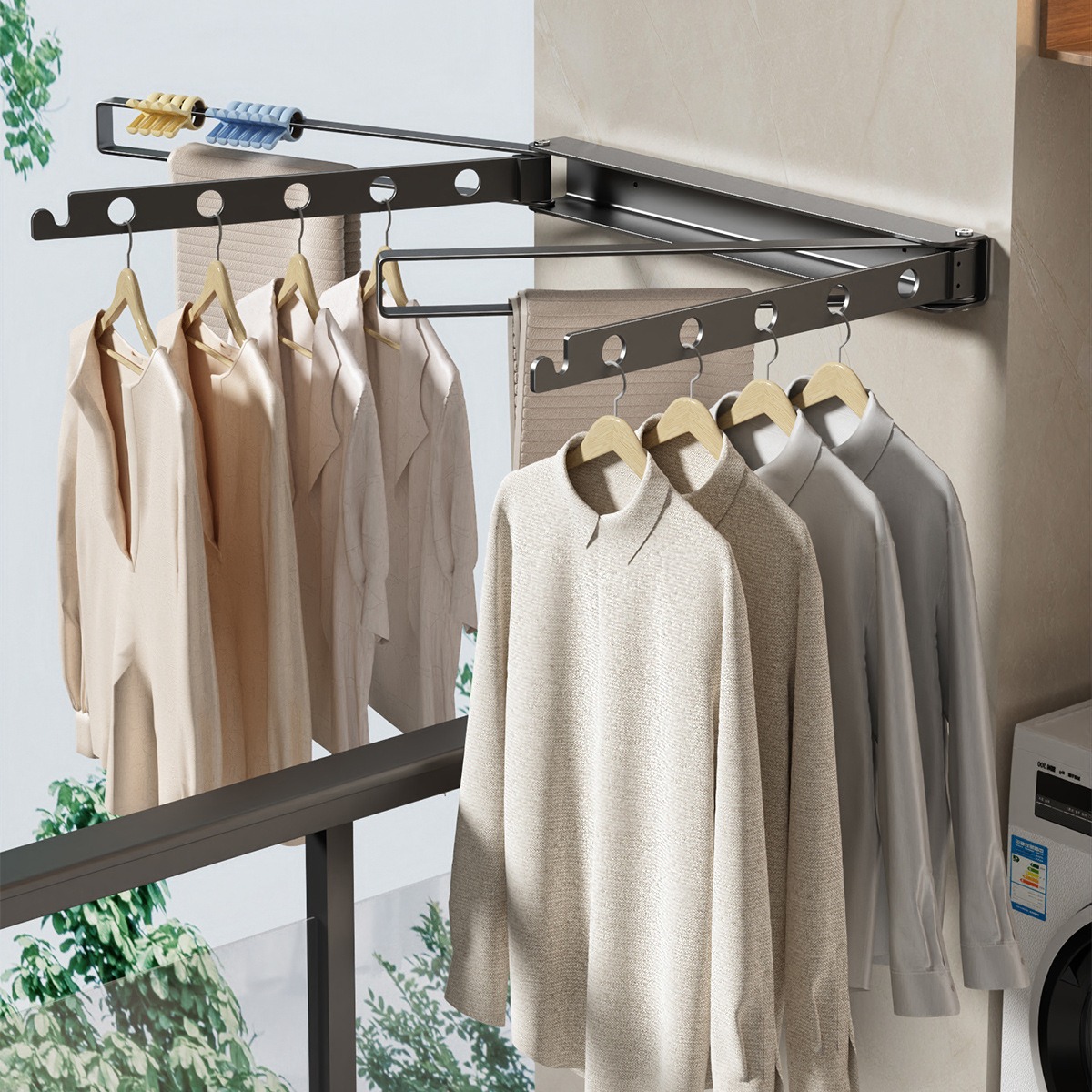 Balcony Folding Clothes Hanger Non-Punch Household Invisible Telescopic Clothes Drying Rod Indoor Clothes Hanger Bay Window Clothes Drying Artifact