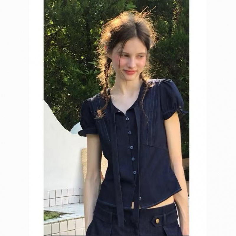 Summer Story Romantic Retro V-Neck Slightly Slim Waist Plaid Denim Short Sleeve Shirt Slimming Niche Shenglong