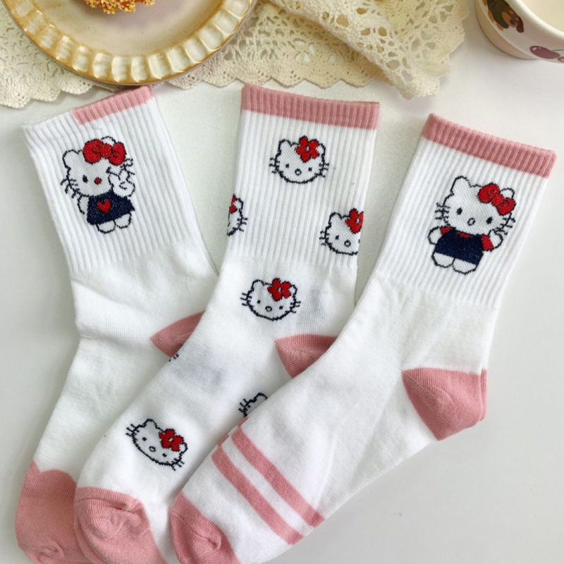 女性用の新しい春夏ソックス、多用途、かわいい漫画、日本のピンクの女の子、KT猫スタイルの学生ミッドカーフソックス|undefined
