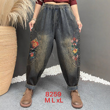 民族风牛仔裤女秋季新款刺绣贴布萝卜裤宽松紧腰大码显瘦灯笼裤