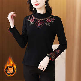 2025民族风秋刺绣修身显瘦外穿弹力长袖加绒上衣高领手套T恤