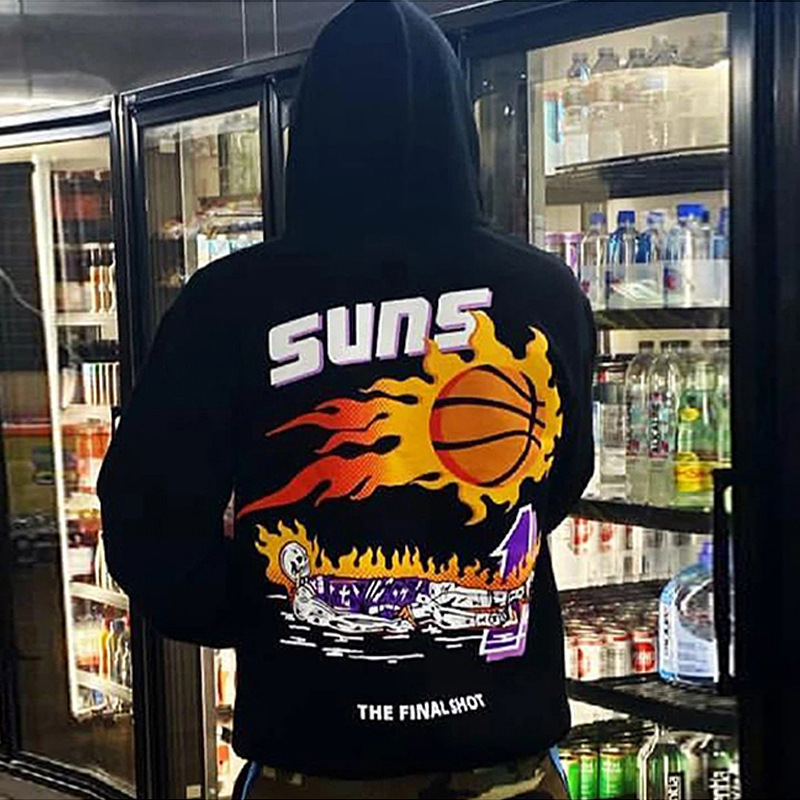 Men's Fashion Brand European and American Ins Basketball Fire Sports Fashion Sun Team Hooded Sweatshirt Fleece-Lined Hoodie Sweatshirt