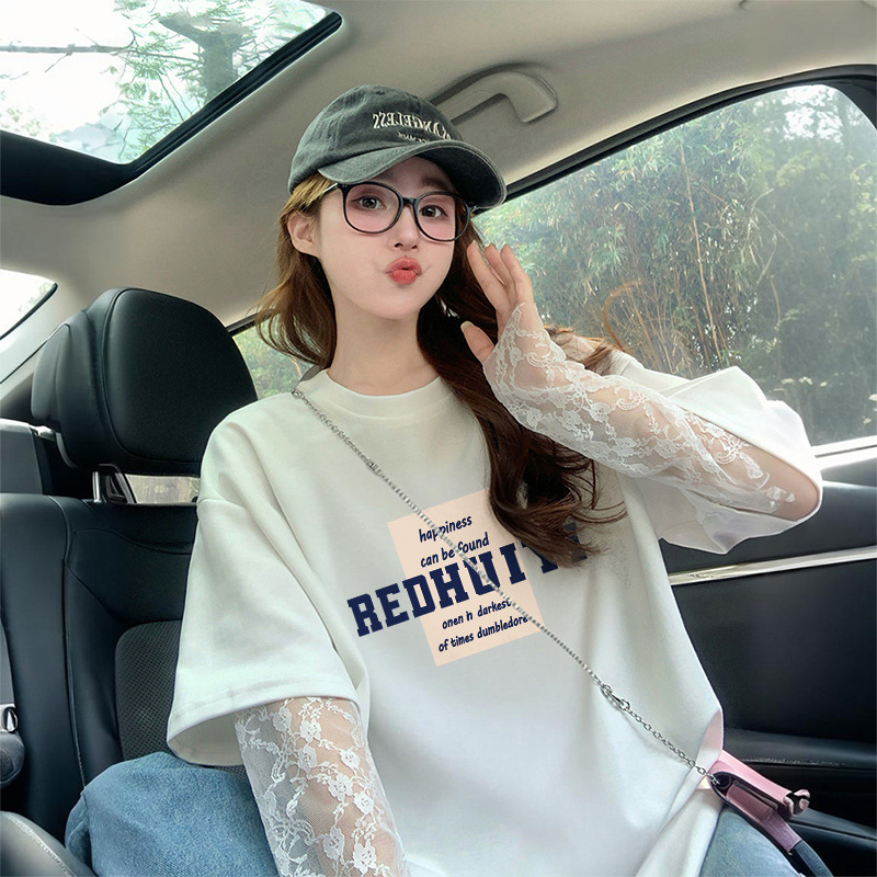oversize European Style Western Style Pure Cotton Loose Fake Two-piece T-shirt Women's Sweet Cool Heavy Industry Lace Stitching Sunscreen Top oversize European Style Western Style Pure Cotton Loose Fake Two-piece T-shirt Women's Sweet Cool Heavy Industry Lace Stitching Sunscreen Top