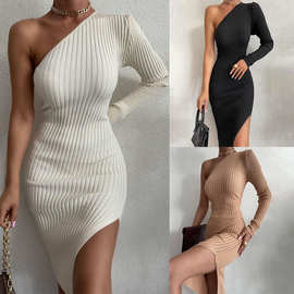 2022春季亚马逊外贸女装eBay速卖通针织毛衣斜肩坑条开叉连衣裙女