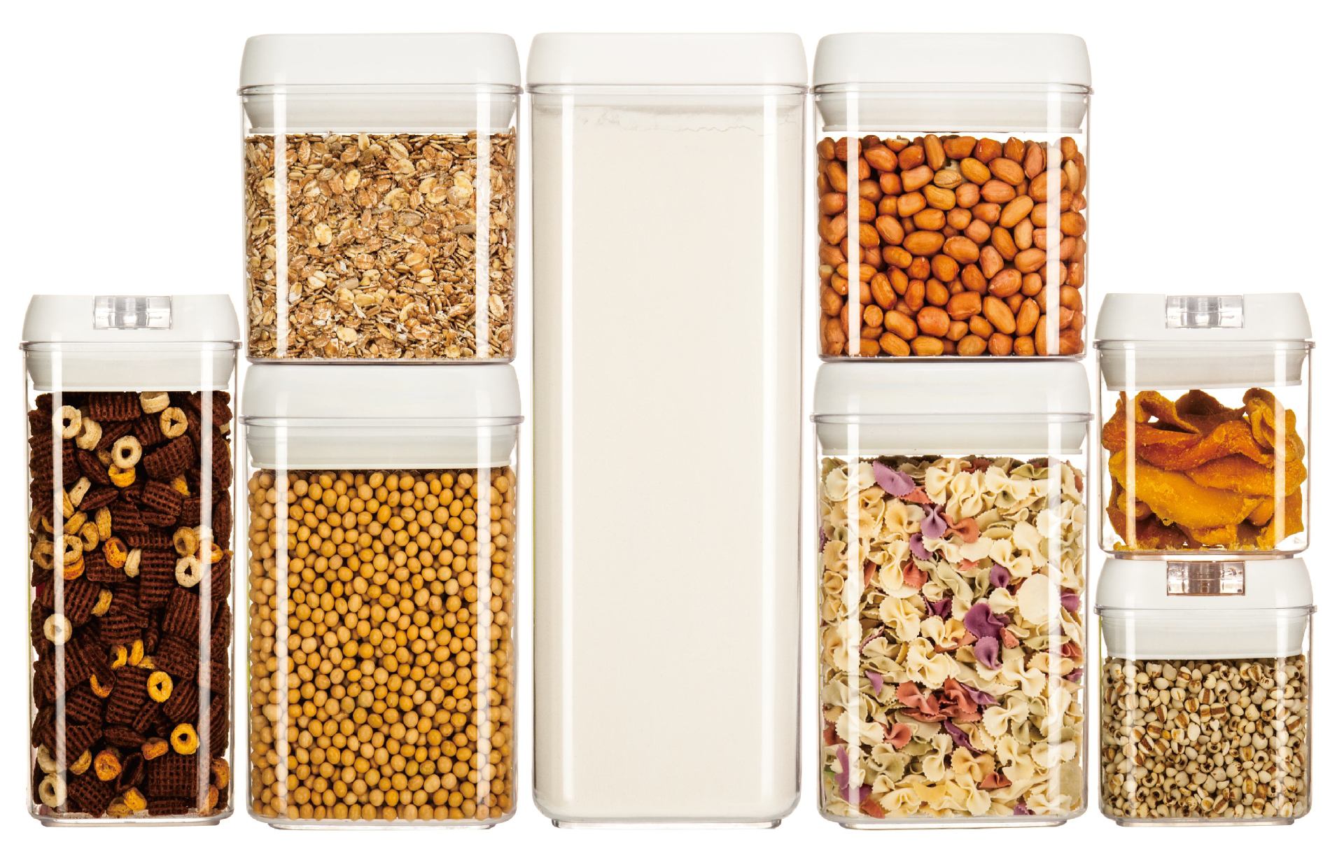 Set di 8 contenitori quadrati per alimenti, contenitori da cucina ermetici in plastica PS senza BPA con chiusure di sicurezza, contenitori trasparenti impilabili_voghion.com