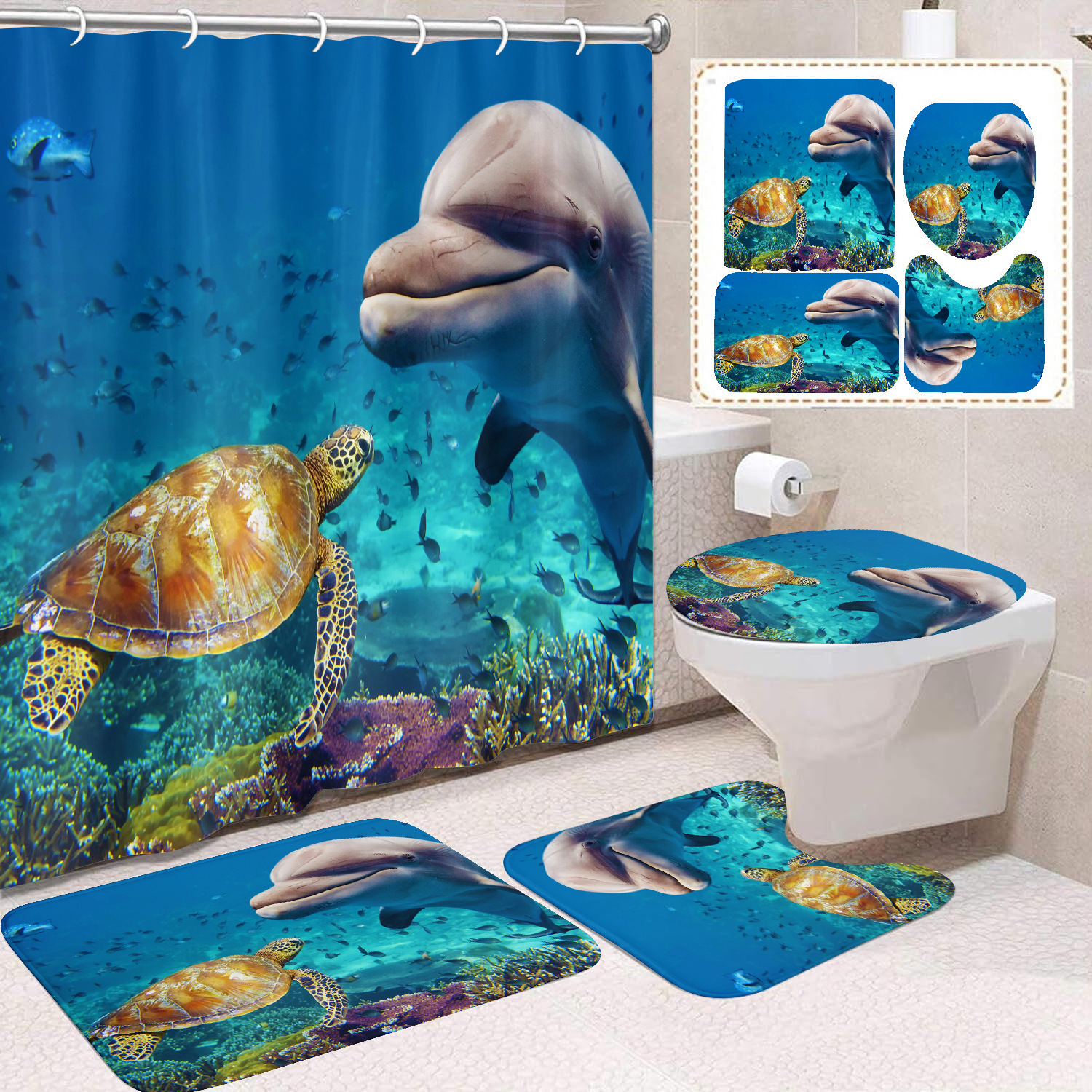 Cortina de ducha transfronteriza con diseño de delfines azules, estampada digitalmente, de poliéster, sin perforaciones, para baño, decoración del hogar image 52