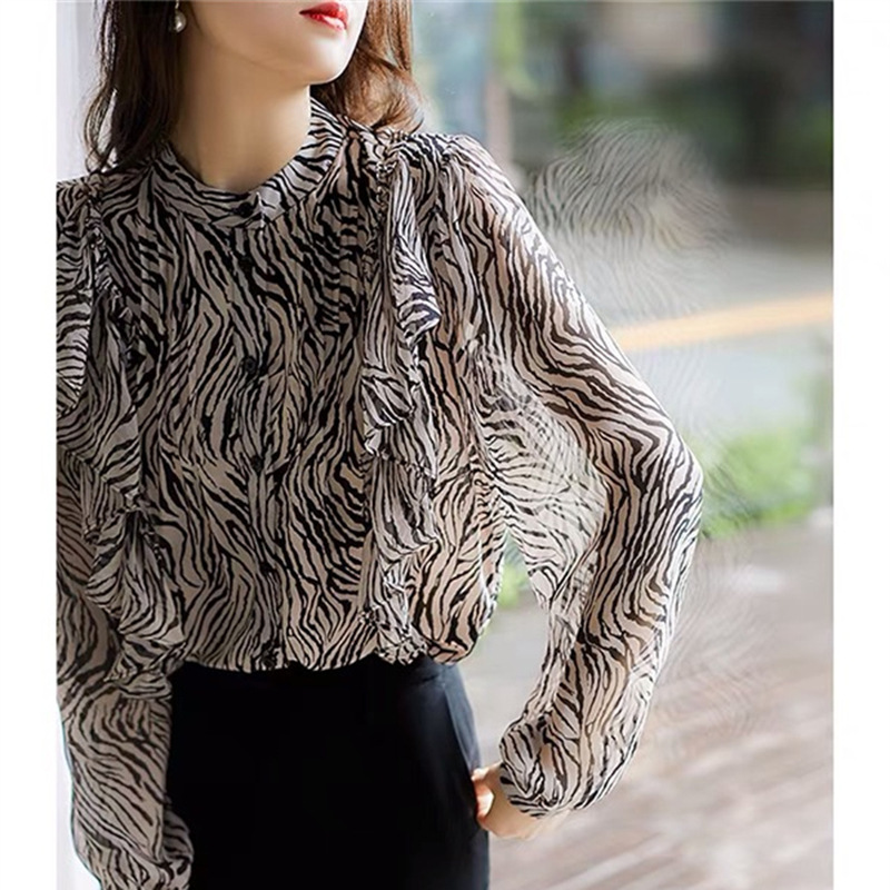 Áo sơ mi voan xếp ly in họa tiết ngựa vằn phong cách trưởng thành mùa thu — đen chi tiết 3