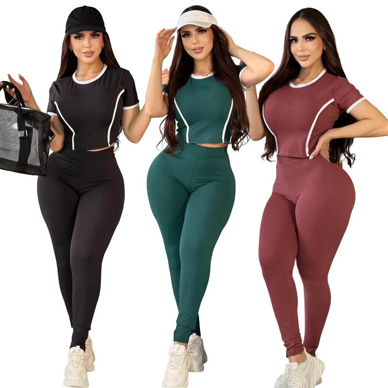 Q6278 European and American Yoga Women's Clothing Autumn New Fashion Letter Print High-Waisted Yoga Pants Solid Color Sports Yoga Set