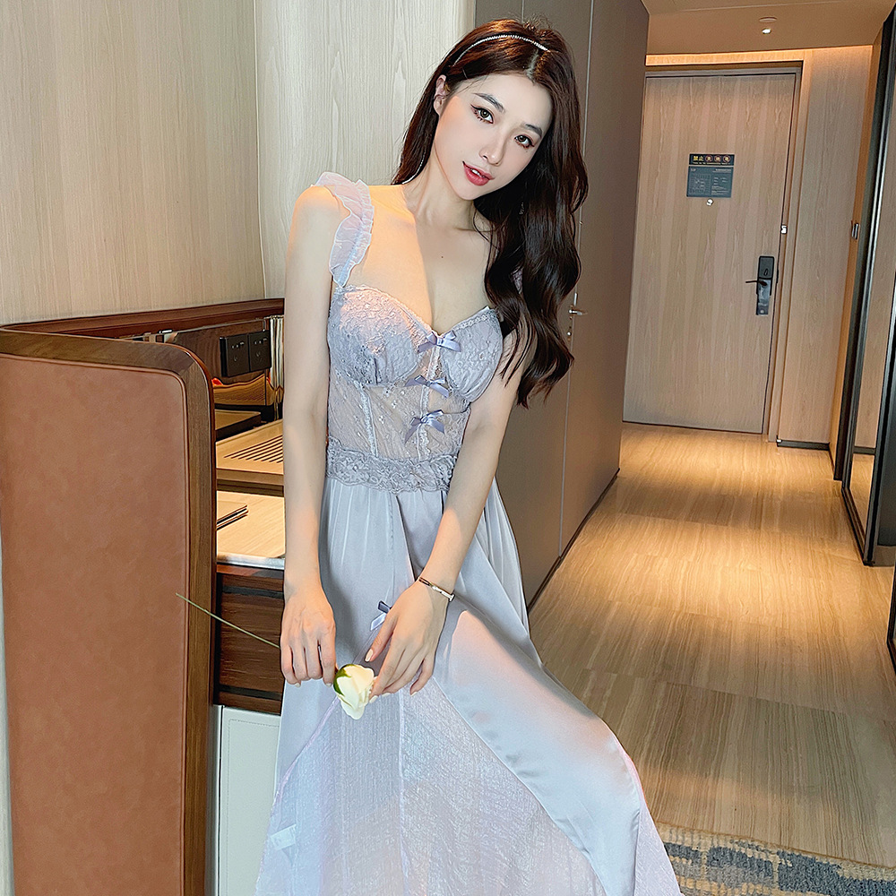 순수한 섹시함과 부드러움이 어우러진 끈나시 유혹 잠옷, 가슴 패드 내장, 등이 드러나는 롱 끈나시 원피스 여성 홈웨어 세트