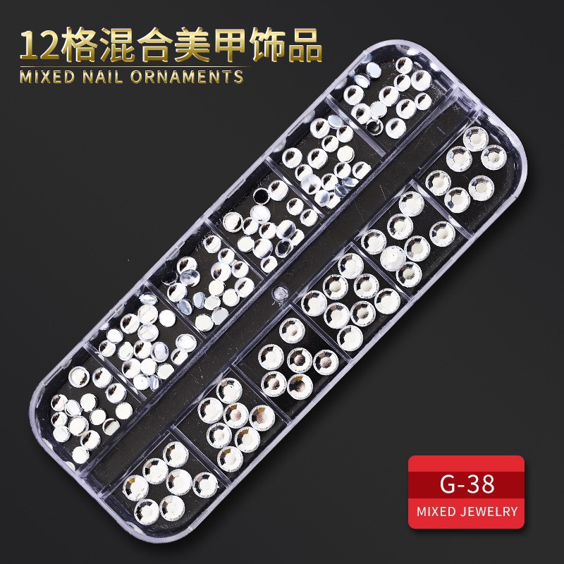 Juego completo transfronterizo de 12 compartimientos de remaches de metal, diamantes de imitación, Xingyue, piezas de concha de diamantes, accesorios para uñas, adornos para uñas